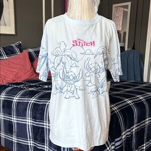 Disney Light Blue Tee with Pink Stitch Logo and Blue Sketches size small nwt